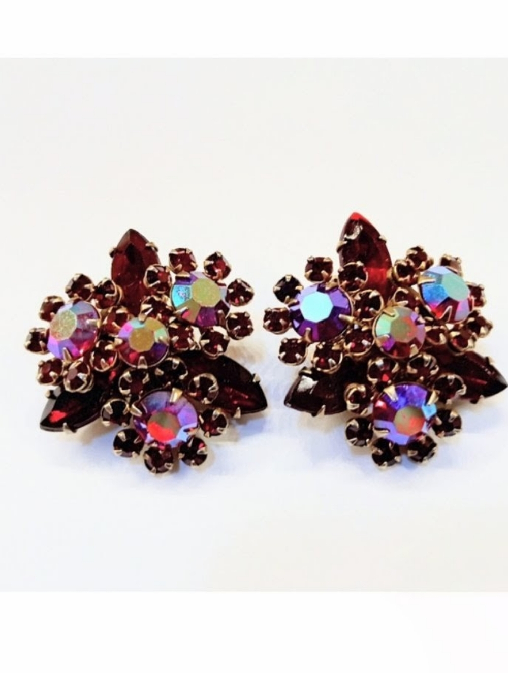 Vintage Sparkling Red Pink AB Rhinestone Clip Earrings